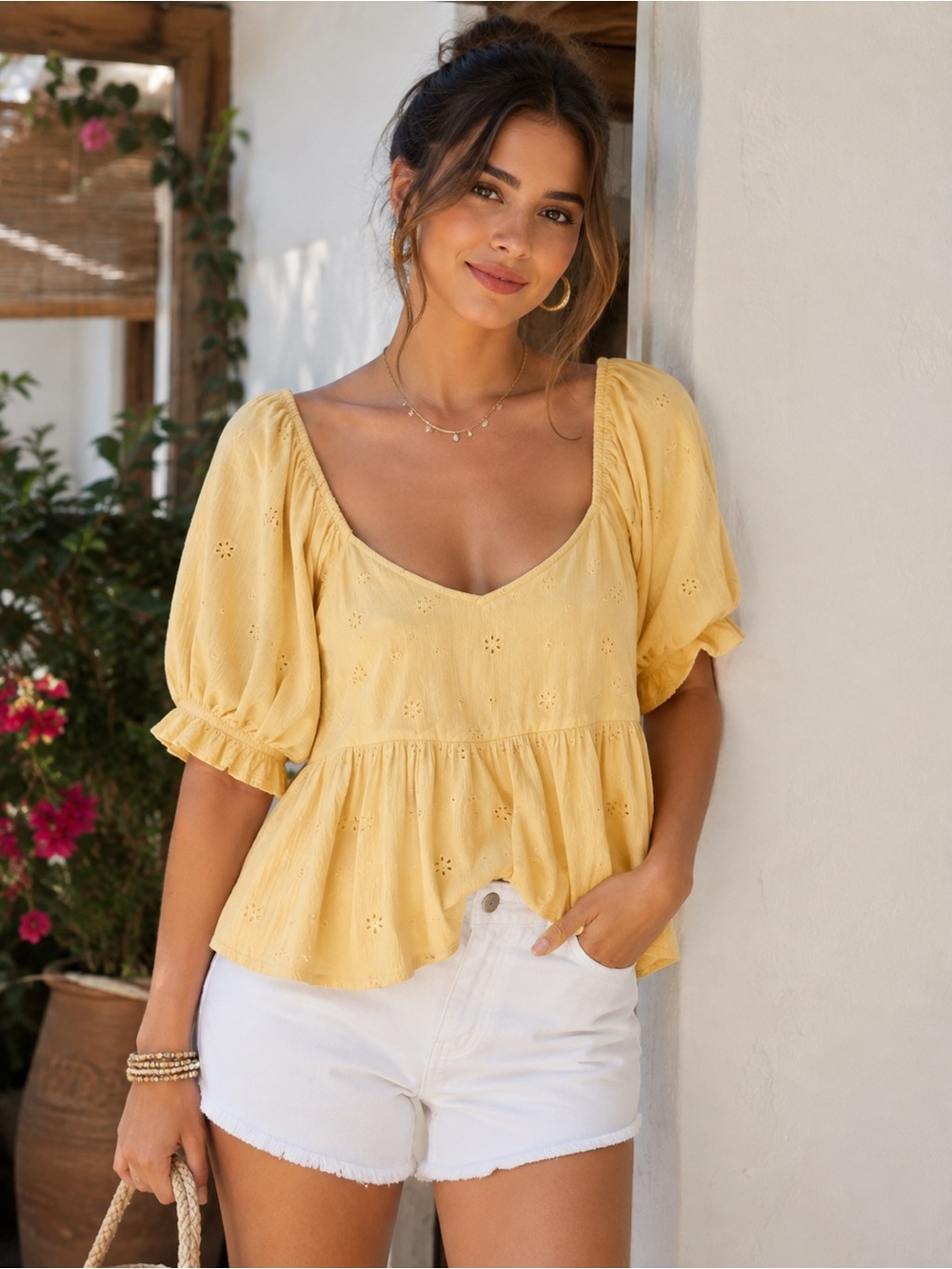 O'Neill Yellow Eyelet Puff-Sleeve Peplum Blouse - Women